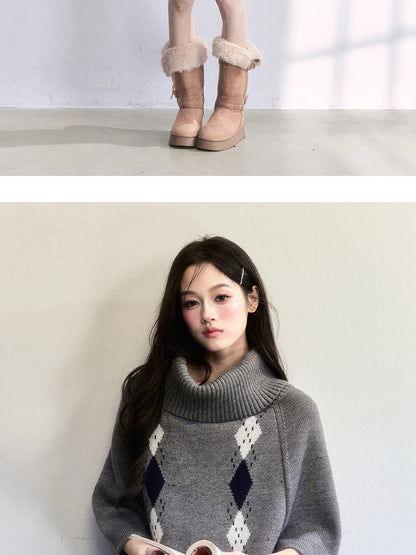 Cape-Inspired Roll Neck Argyle Knit Top