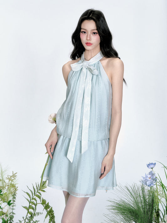 Sleeveless Jacquard Floral Pattern Tie-Dress