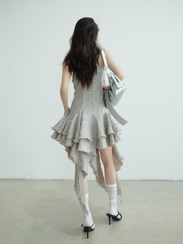 Sleeveless Crinkled Dress With Asymmetric Ruffled Hem