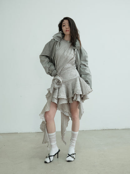 Sleeveless Crinkled Dress With Asymmetric Ruffled Hem