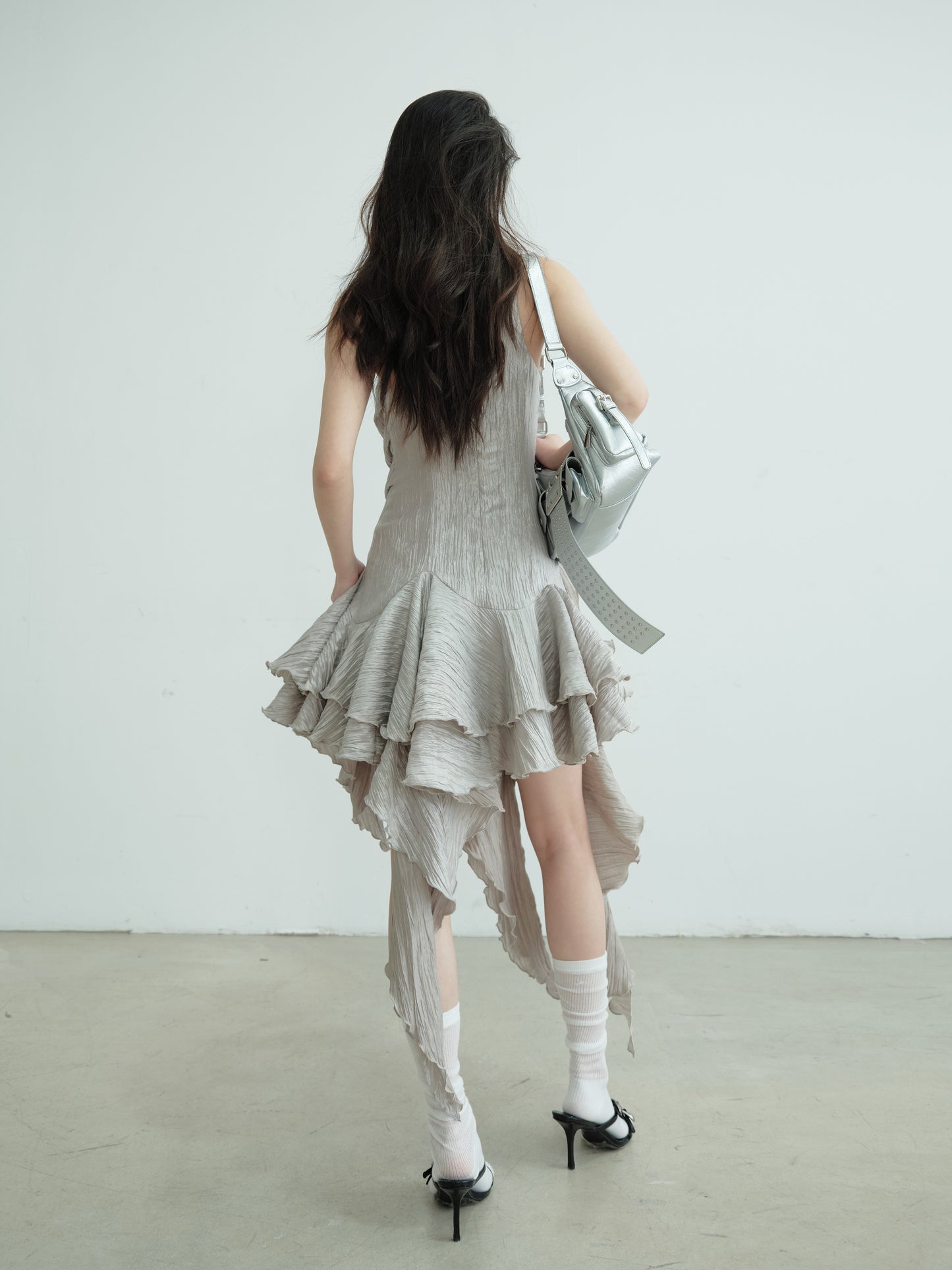Sleeveless Crinkled Dress With Asymmetric Ruffled Hem