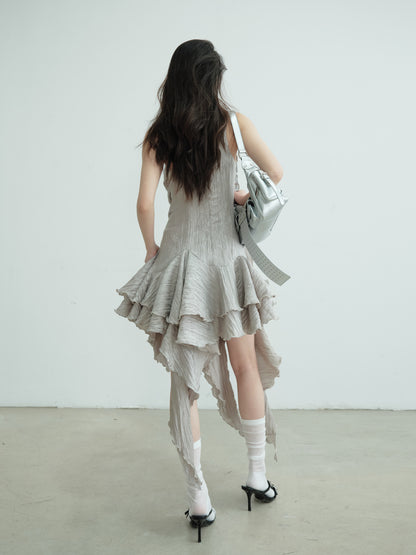 Sleeveless Crinkled Dress With Asymmetric Ruffled Hem