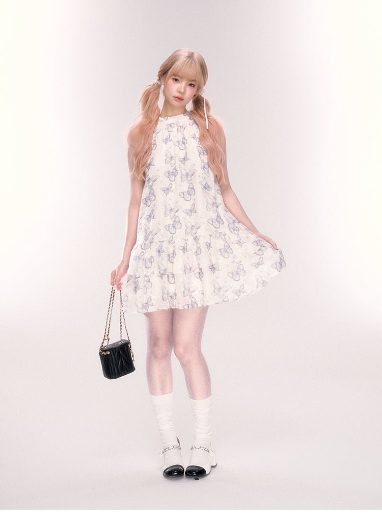 Sleeveless Tiered Butterfly Print Dress With Neck Ribbon
