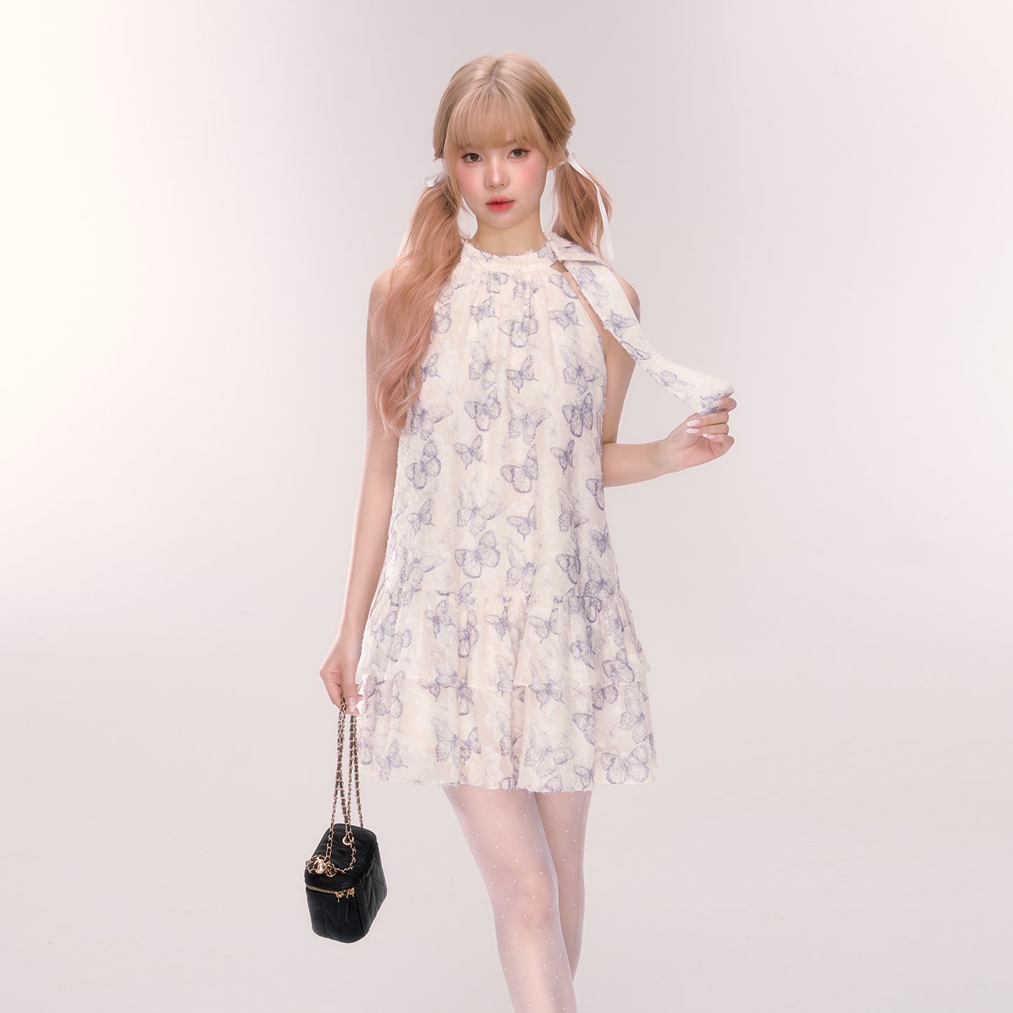 Sleeveless Tiered Butterfly Print Dress With Neck Ribbon