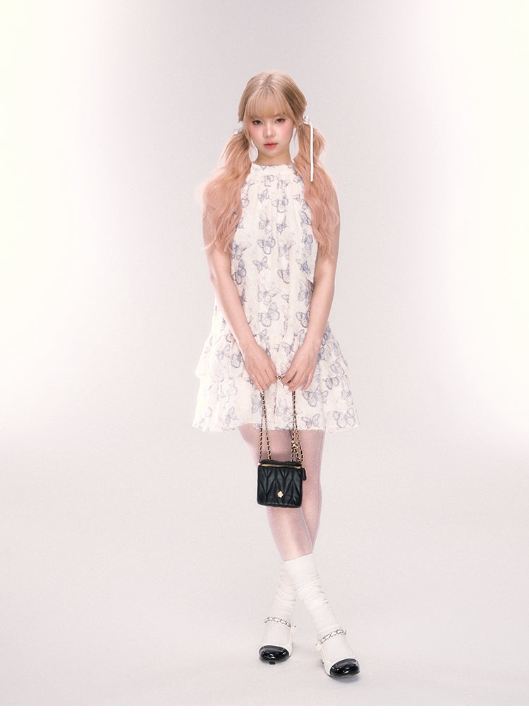 Sleeveless Tiered Butterfly Print Dress With Neck Ribbon