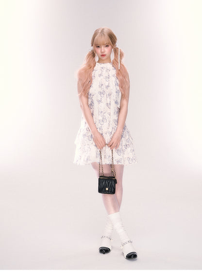 Sleeveless Tiered Butterfly Print Dress With Neck Ribbon
