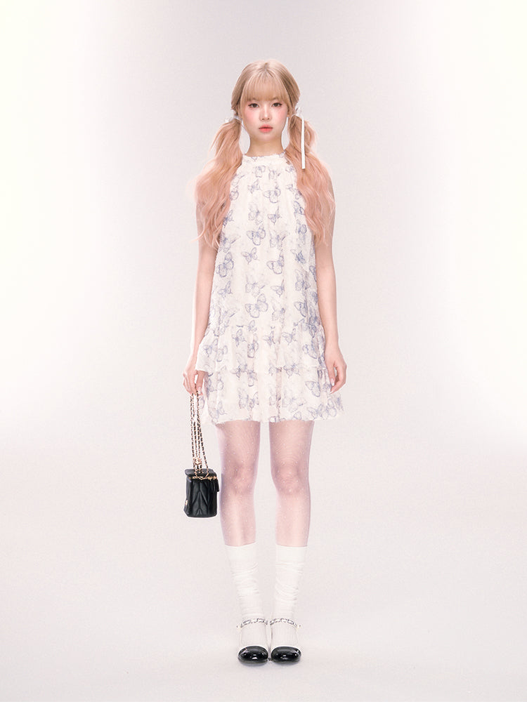 Sleeveless Tiered Butterfly Print Dress With Neck Ribbon