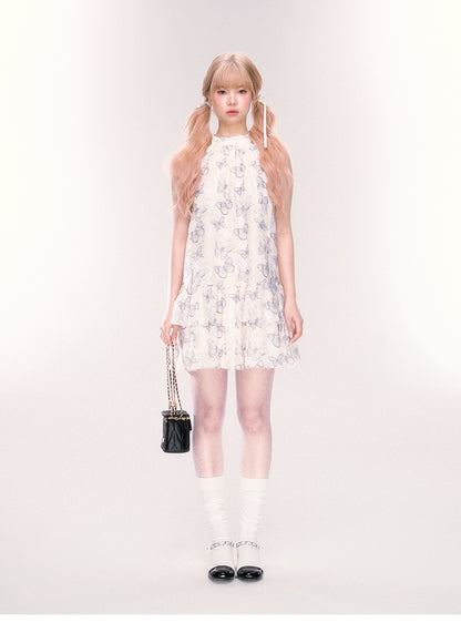 Sleeveless Tiered Butterfly Print Dress With Neck Ribbon