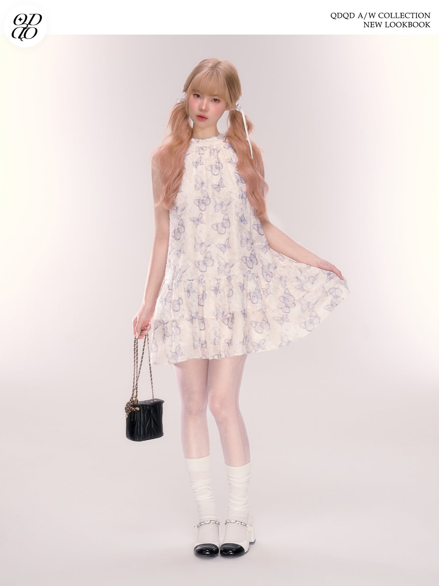Sleeveless Tiered Butterfly Print Dress With Neck Ribbon