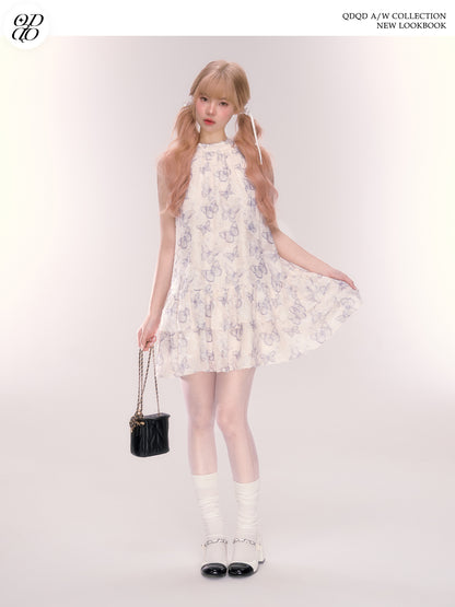 Sleeveless Tiered Butterfly Print Dress With Neck Ribbon