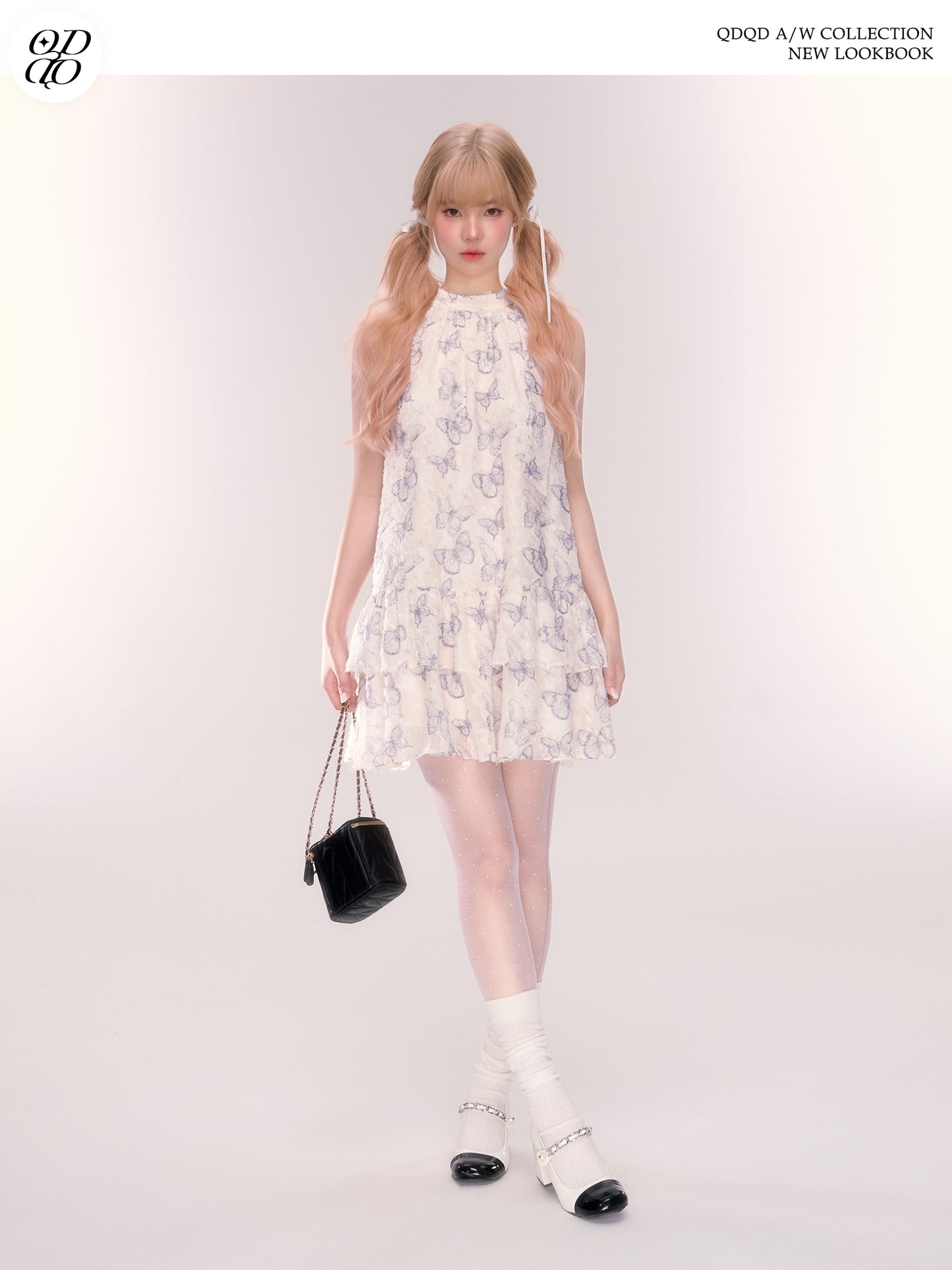 Sleeveless Tiered Butterfly Print Dress With Neck Ribbon