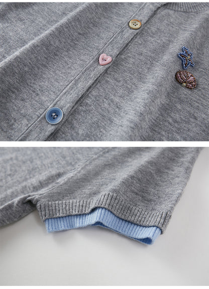 Beaded Shell Cardigan With Layered Sleeves And Mixed Buttons