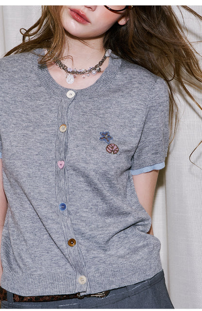 Beaded Shell Cardigan With Layered Sleeves And Mixed Buttons