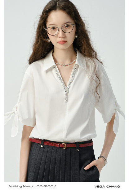 Sparkling V-Neck Shirt With Sleeve Tie Detail