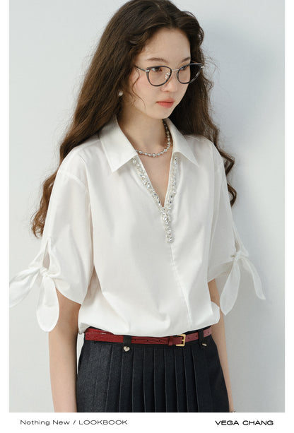 Sparkling V-Neck Shirt With Sleeve Tie Detail