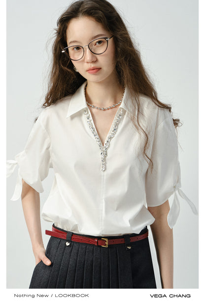 Sparkling V-Neck Shirt With Sleeve Tie Detail