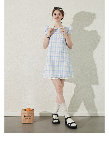 Peter Pan Collar Plaid Dress With Butterfly Sleeves
