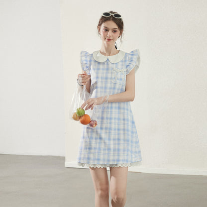 Peter Pan Collar Plaid Dress With Butterfly Sleeves