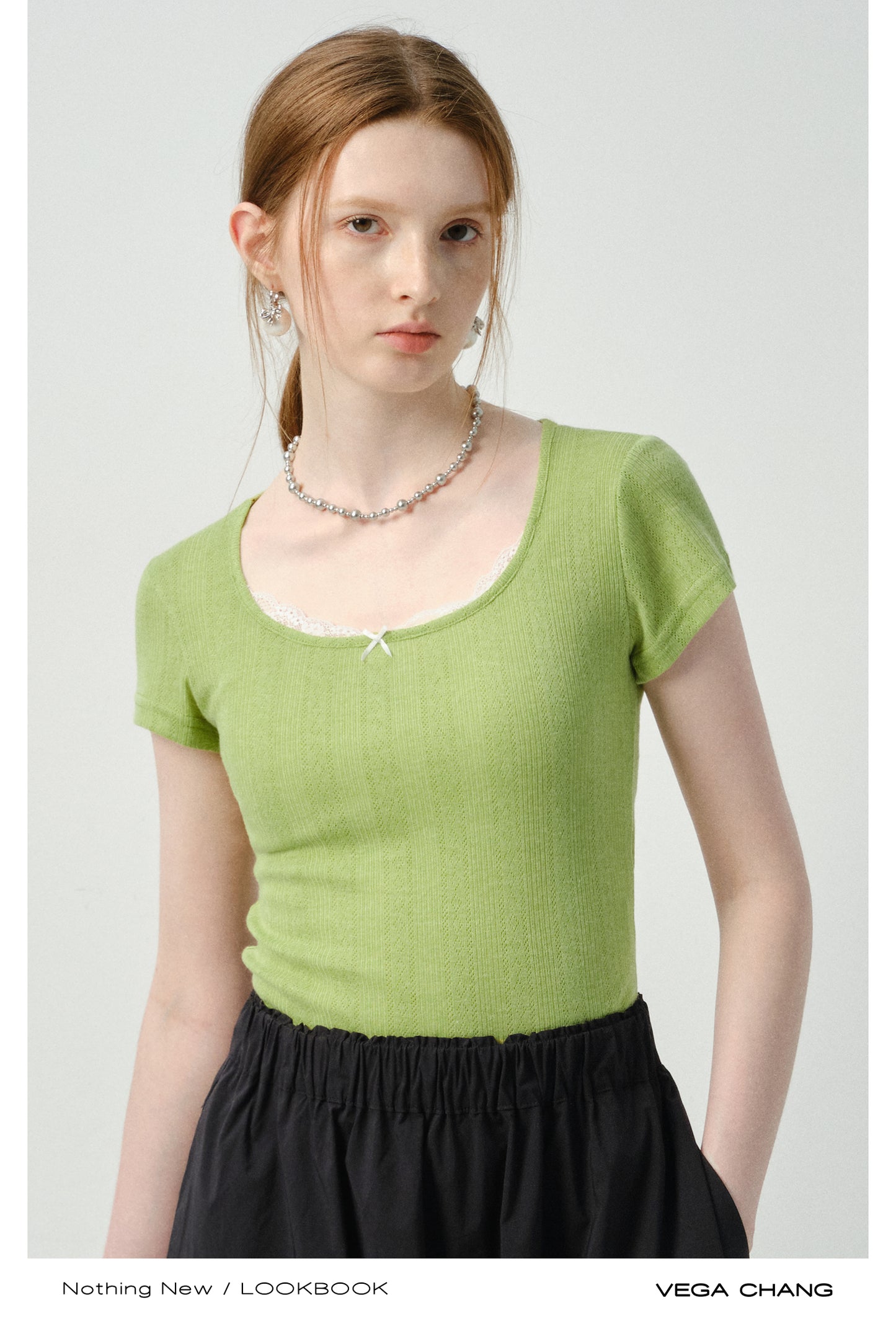 Pointelle Knit Top With Lace Accent
