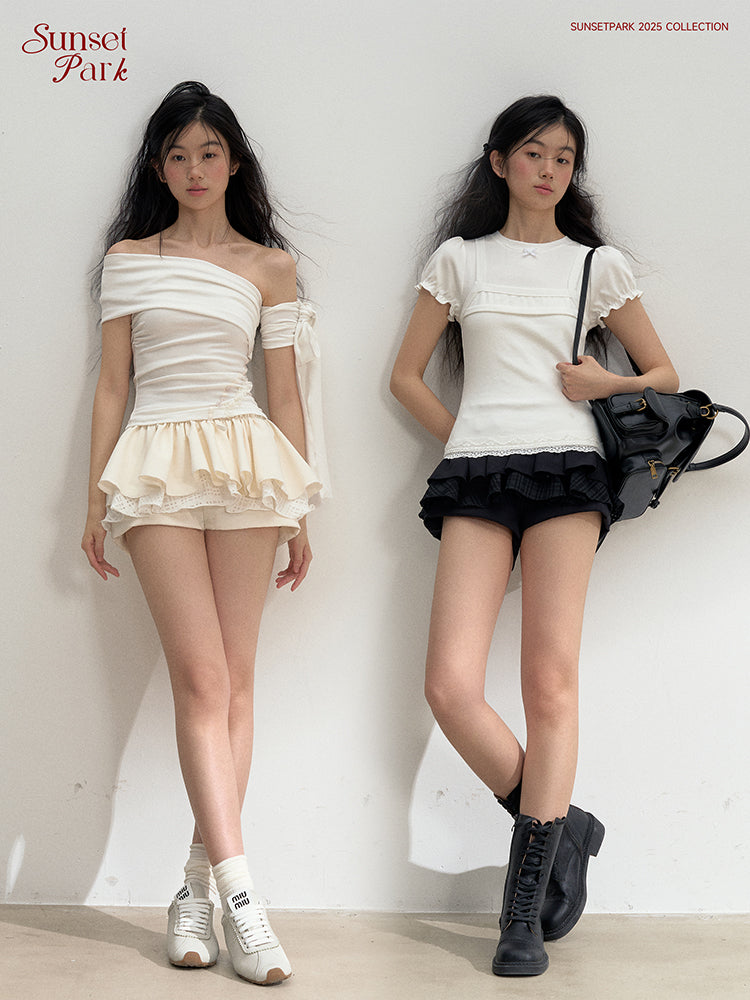 Mixed Fabric Multi-Layer Puffy Skort