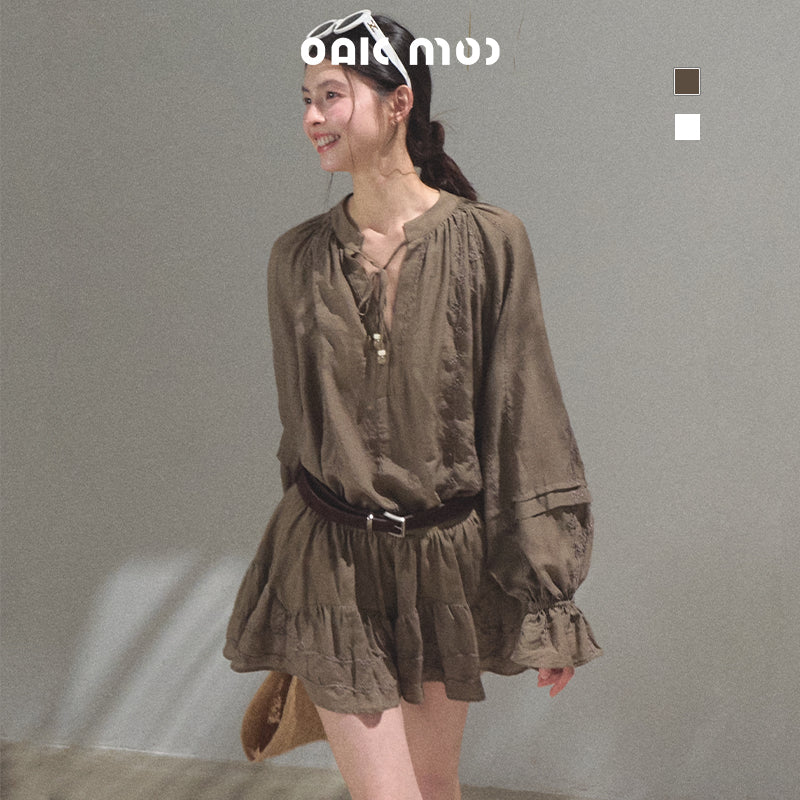 Tie-Neck Puff Sleeve Blouse And Skirt