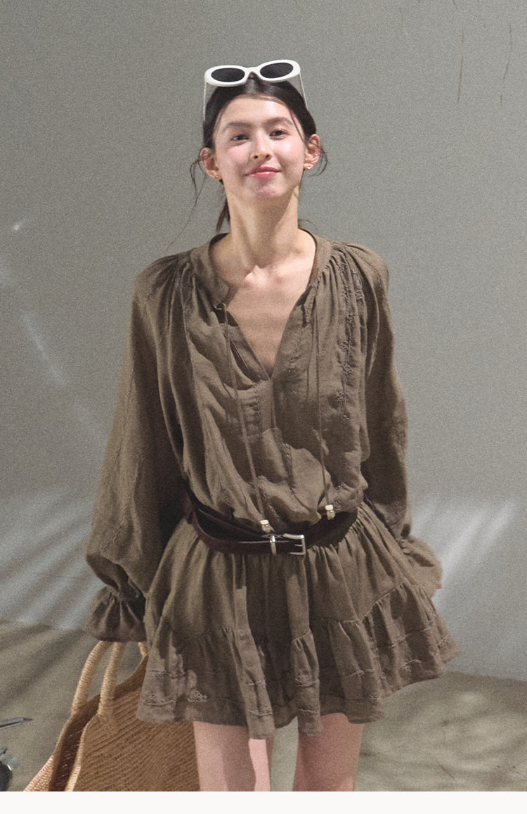 Tie-Neck Puff Sleeve Blouse And Skirt