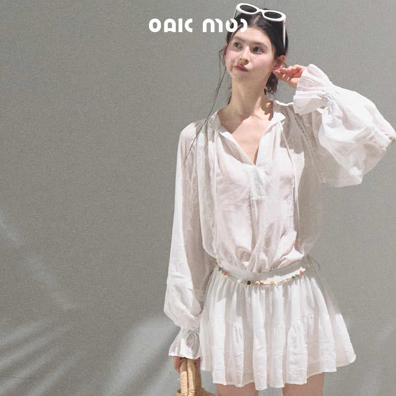 Tie-Neck Puff Sleeve Blouse And Skirt