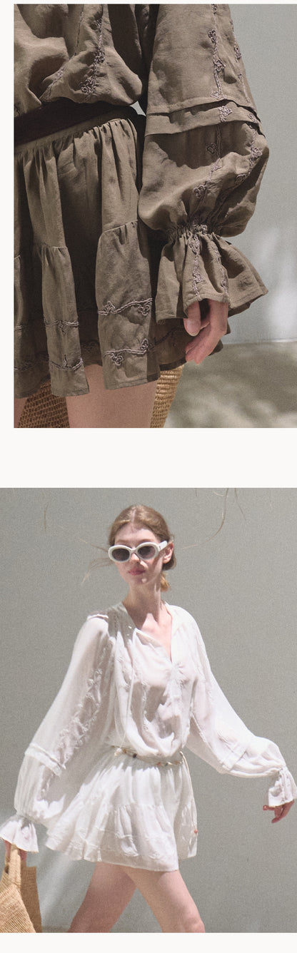 Tie-Neck Puff Sleeve Blouse And Skirt