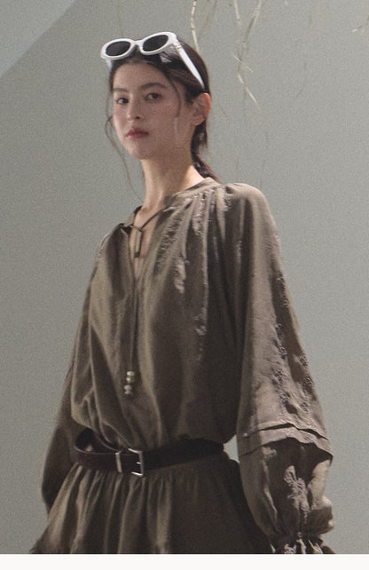 Tie-Neck Puff Sleeve Blouse And Skirt