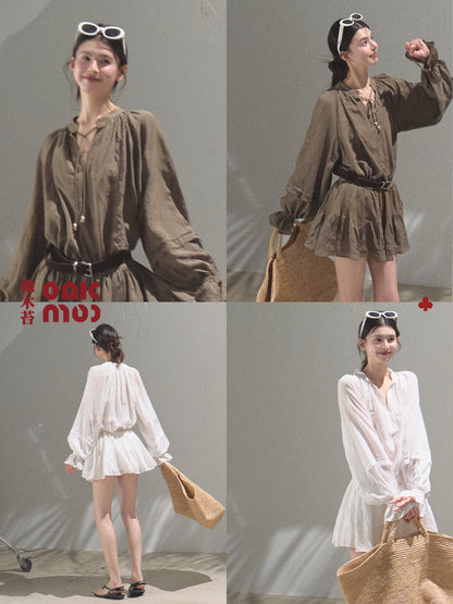 Tie-Neck Puff Sleeve Blouse And Skirt