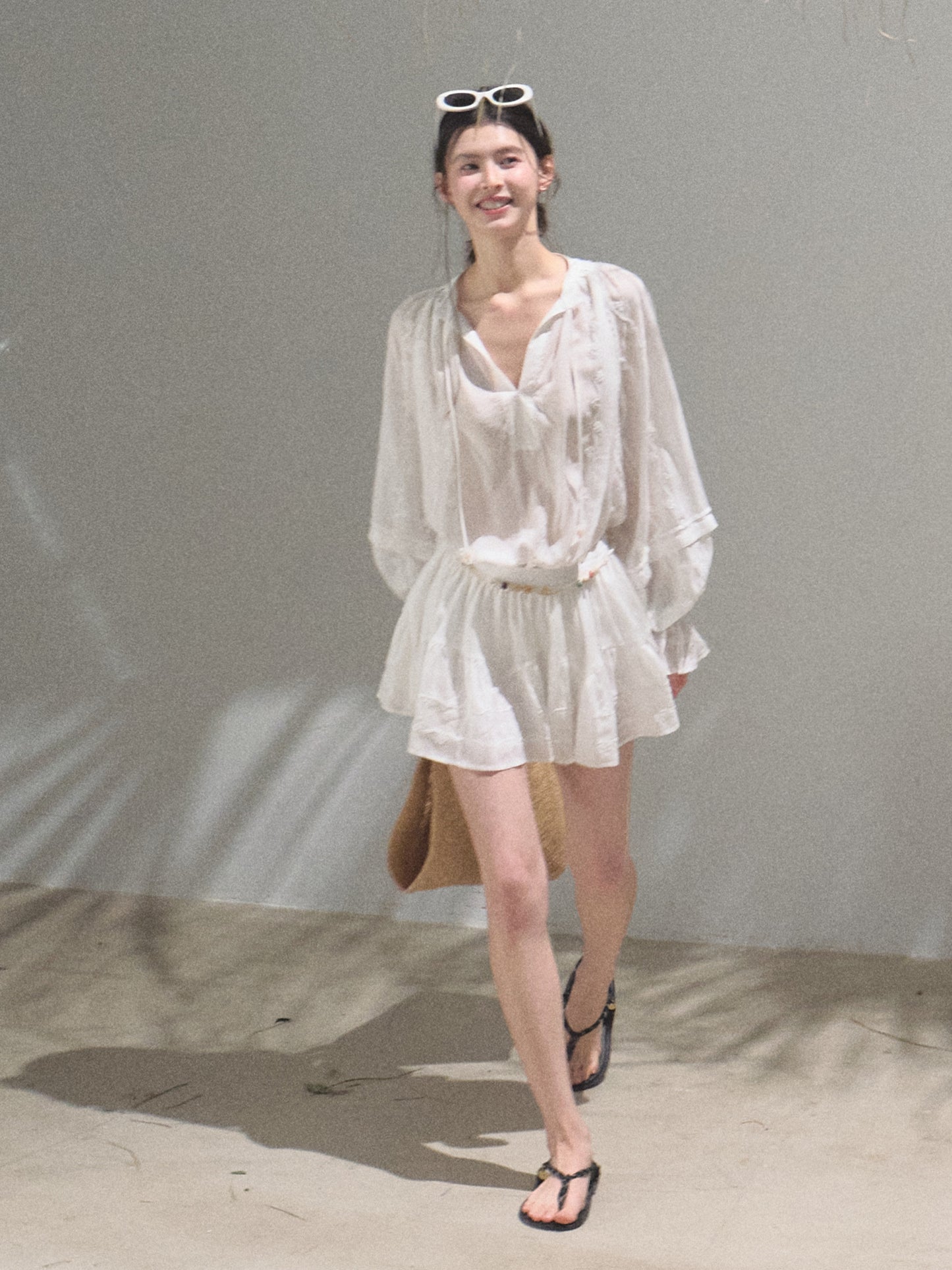 Tie-Neck Puff Sleeve Blouse And Skirt