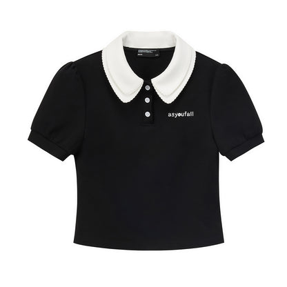 Contrast Color Puff-Sleeve Double Collar Polo Shirt