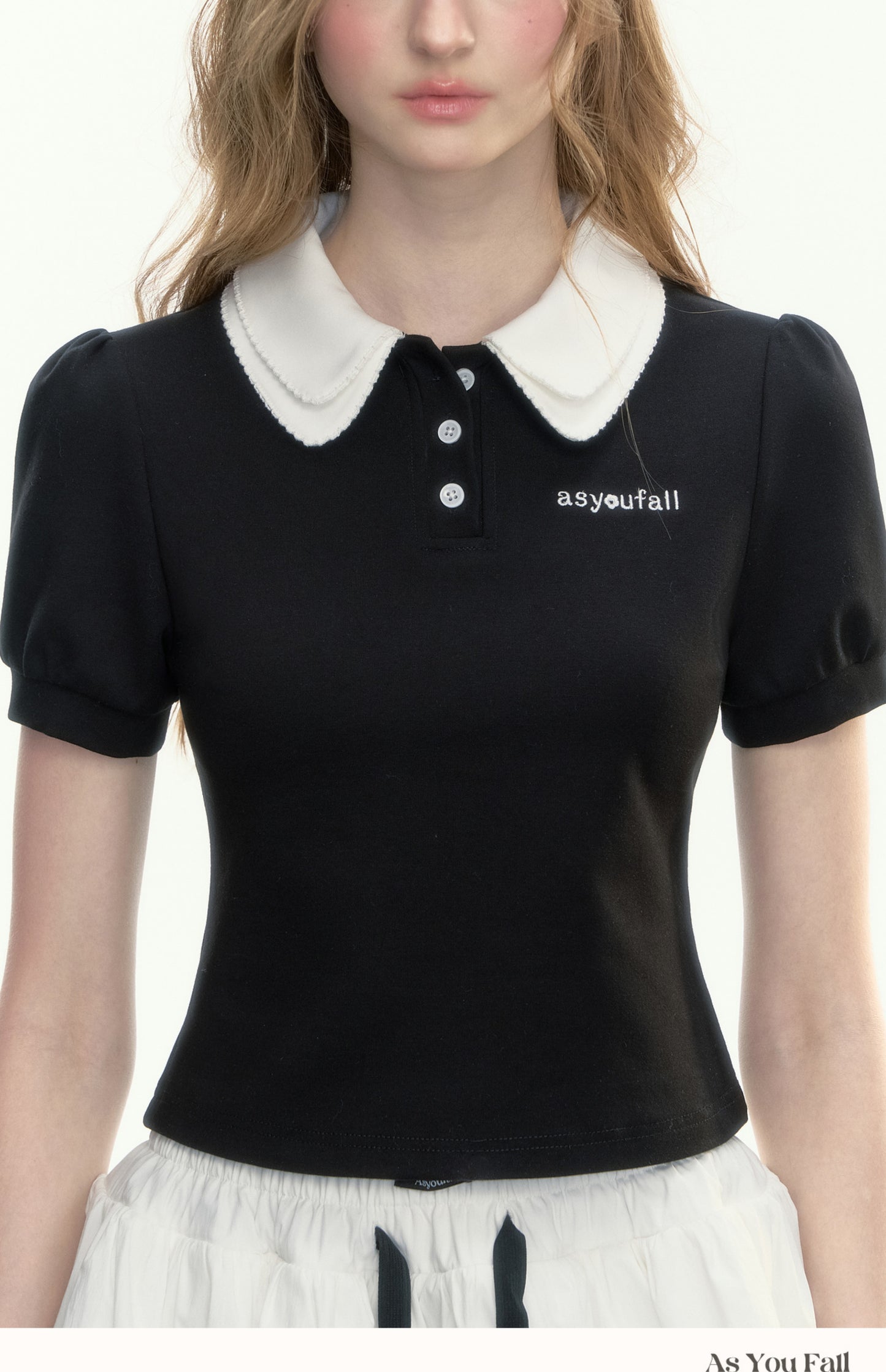 Contrast Color Puff-Sleeve Double Collar Polo Shirt