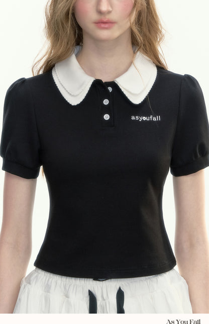 Contrast Color Puff-Sleeve Double Collar Polo Shirt