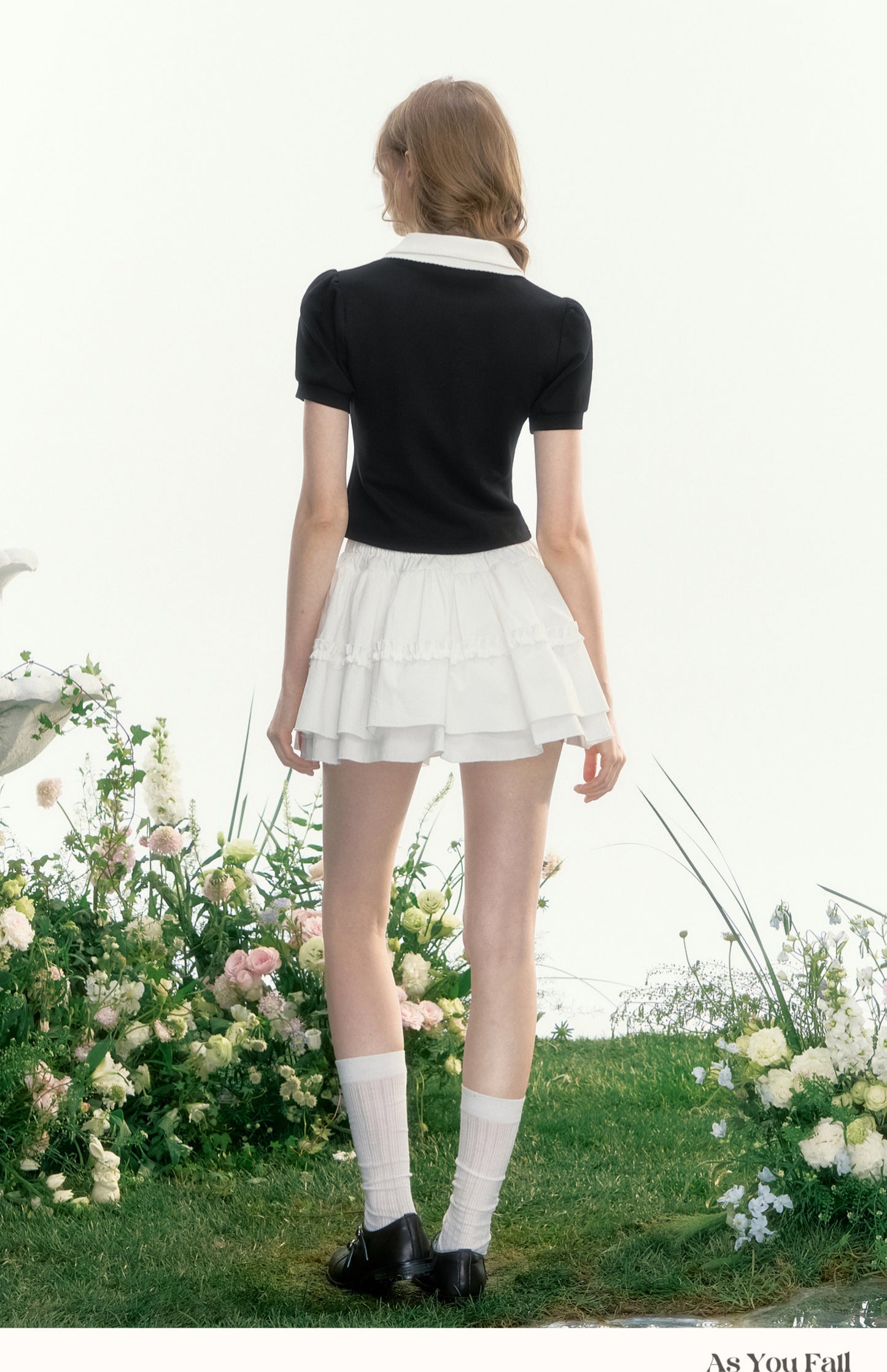 Contrast Color Puff-Sleeve Double Collar Polo Shirt