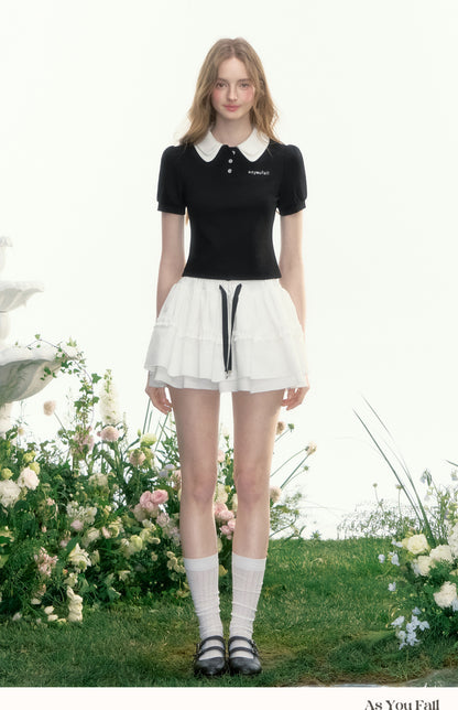 Contrast Color Puff-Sleeve Double Collar Polo Shirt