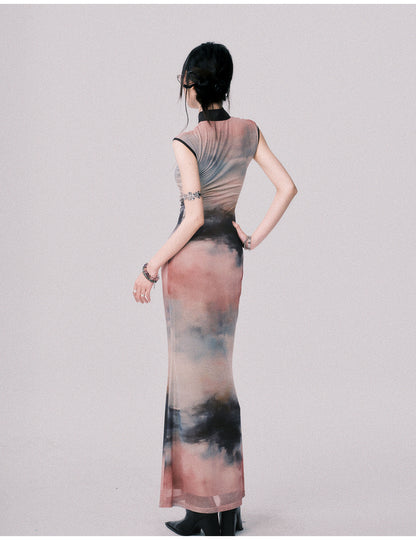 Qipao-Style Gradient Print Dress