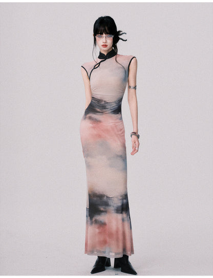 Qipao-Style Gradient Print Dress
