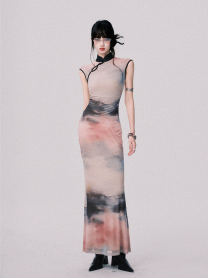 Qipao-Style Gradient Print Dress