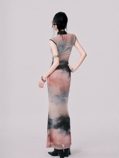 Qipao-Style Gradient Print Dress