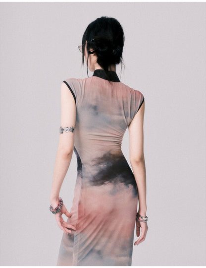 Qipao-Style Gradient Print Dress