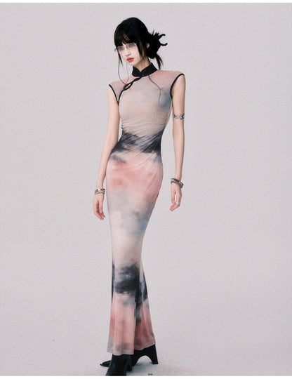 Qipao-Style Gradient Print Dress