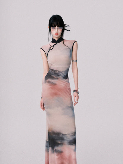 Qipao-Style Gradient Print Dress
