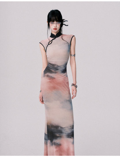 Qipao-Style Gradient Print Dress