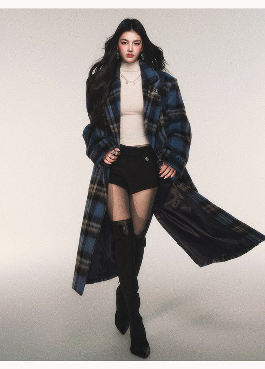 Classic Plaid Wool Blend Long Coat