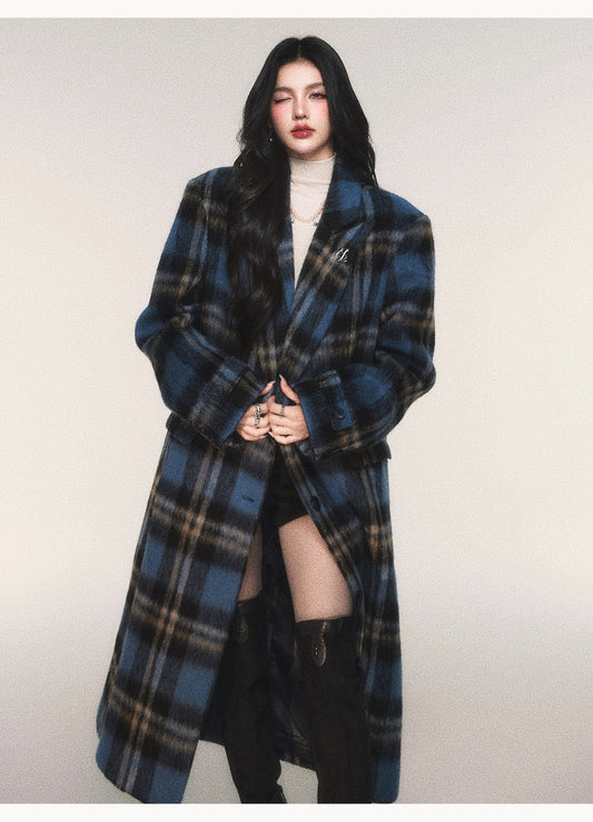 Classic Plaid Wool Blend Long Coat