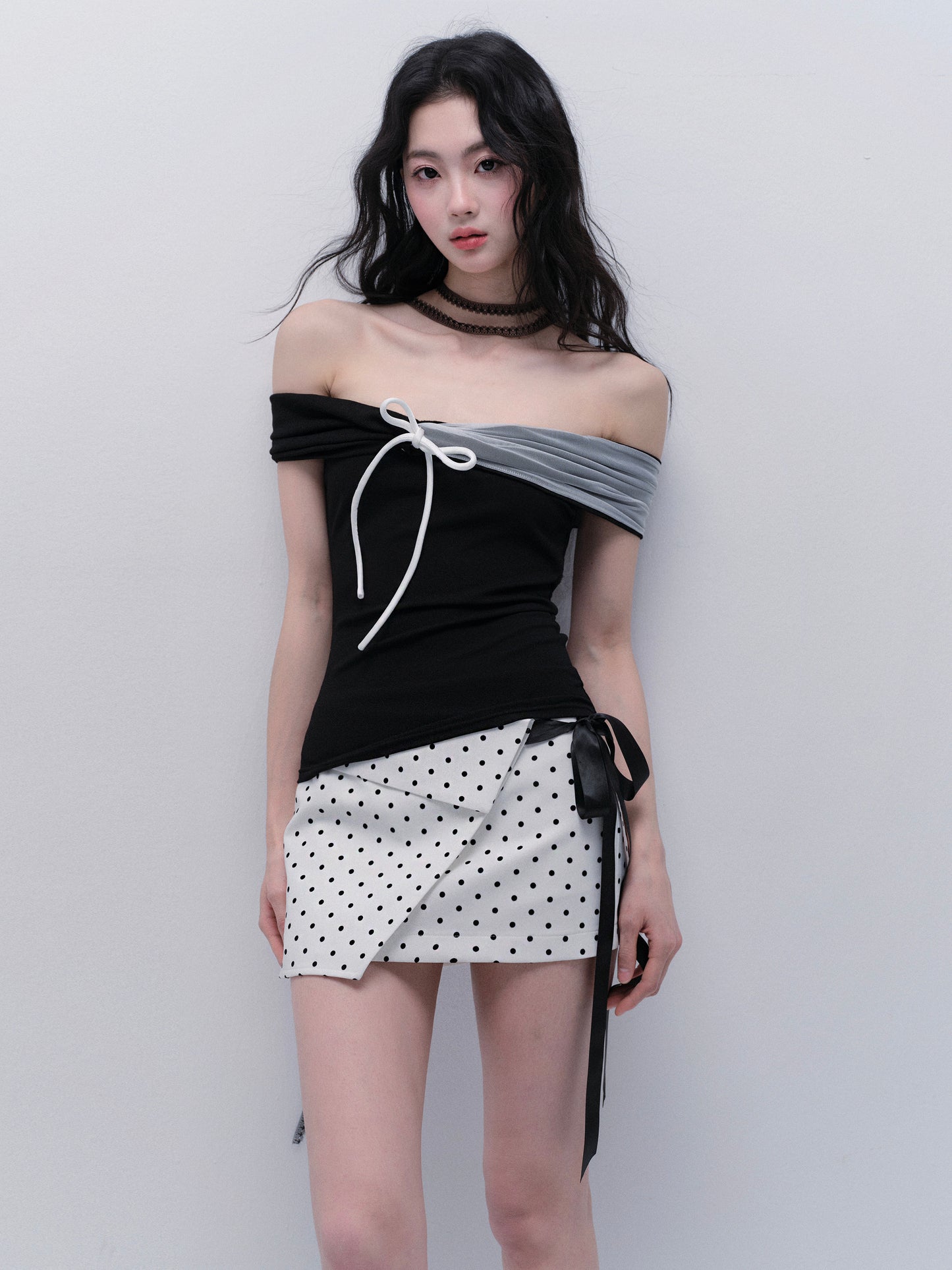 Classic Polka Dot Elastic Ribbon-Tie Skirt