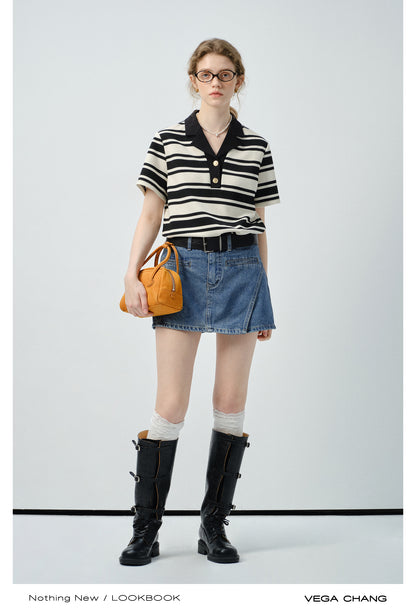 Half-Button Open Collar Striped Shirt