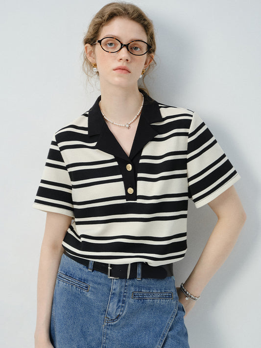 Half-Button Open Collar Striped Shirt