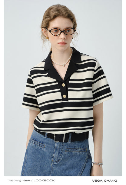 Half-Button Open Collar Striped Shirt